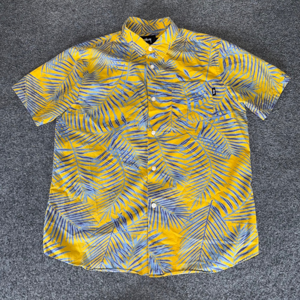 Stussy Hawaiian Shirt Mens Small Yellow Palm Leaf Button Up Short Sleeve Casual